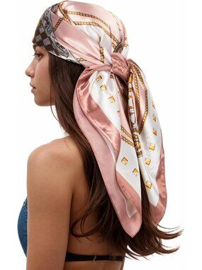 Women's Gold Dull Pink Printed Square Scarf Bandanas Hair Scarf 35 Inches